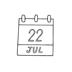 calendar hand drawn in doodle style. July 22. World Brain Day, date. icon, sticker, element, design. planning, business holiday