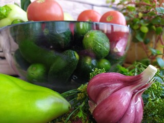 Food still life on the kitchen table pepper tomatoes cucumbers cherry plum garlic dill herbs grape leaves