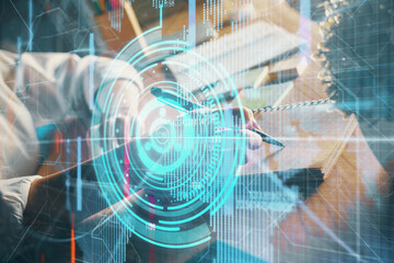 Multi exposure of woman's hands on background with technology and digital coding icons. Data development concept.