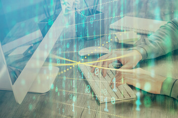 Double exposure of tech drawings with hands working on computer background. Concept of innovation.