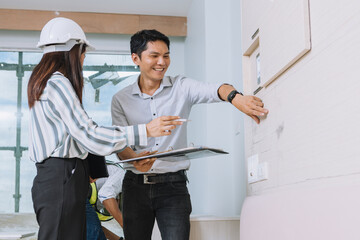 Project engineer, engineer and architect working on construction site, construction site engineer working on and inspect blueprint of project