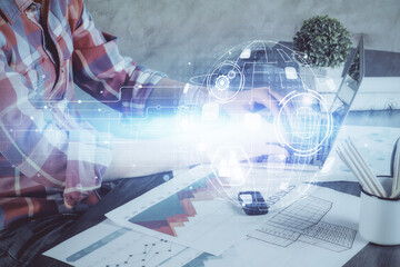 Media network theme hologram with man working on computer on background. Concept of internet communication. Double exposure.
