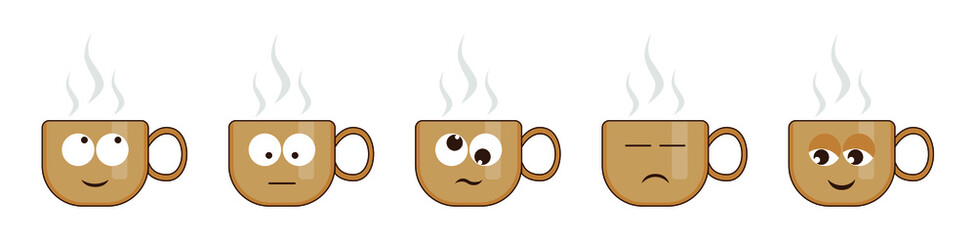 Coffee cups with different cartoon faces. What is your coffee