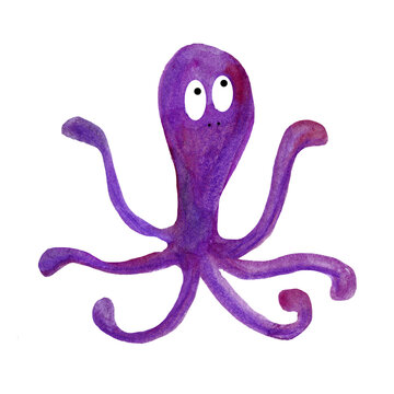 Purple funny octopus. Maritime inhabitants, cephalopod mollusk. Children's watercolor illustration. Objects on a white background