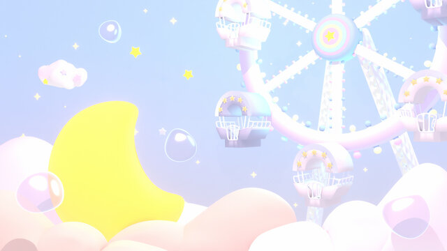Cartoon magic moon land with pastel Ferris wheel at night. Bubbles, clouds and stars in the sky. 3d rendering picture.