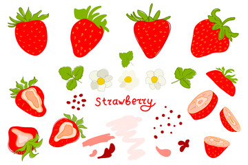 Fresh strawberries, red berries, leaves, fruits, juice, splash, juicy spray on an abstract background.