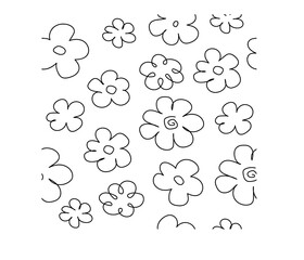 Seamless repeat pattern with flowers in black and yellow on a white background.  Doodle flowers.