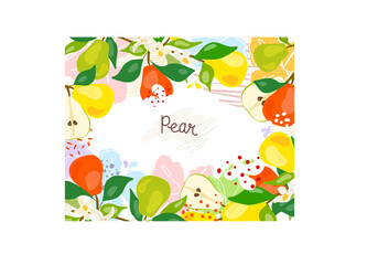 Fresh, green whole and halved pear, leaves, fruits on a white background. Doodle
