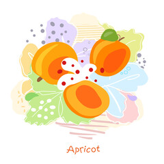 Fresh, bright whole and halved apricots, leaves, fruits on an abstract background. Doodle