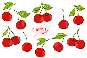 Fresh cherries, red berries, fruits, green leaves on a white background. Set.