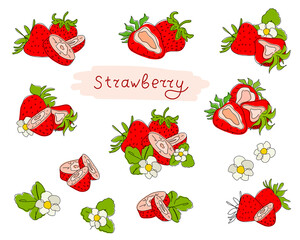 Fresh strawberries, red berries, leaves, fruits, juice, splash, juicy spray on an abstract background.