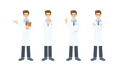 Collection of young doctor in the work unifrom in many pose