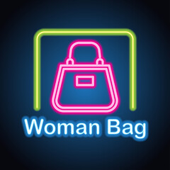 woman hand bag shop neon sign for woman bag shop and store plank banner. vector illustration