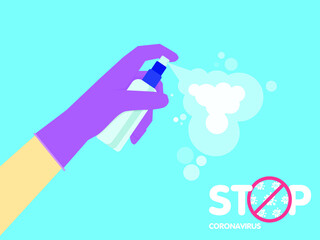 Man in gloves holds bottle of antiseptic spray. Disinfectant concept. Antibacterial flask kills bacteria. Hygiene home and personal hygiene. Stop 2019-nCoV. Prevention epidemic.Vector flat design.