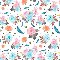 seamless pattern with colorful flowers and blue feather