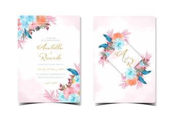 Set of colorful floral wedding invitation with blue feather