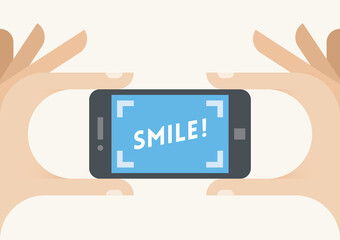 Smile! Taking a photo with mobile phone camera in photographer hands. Idea - Photo sharing services (Instagram etc.), Photography and photographers, visual art etc.