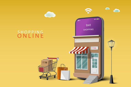 Shopping Online on Mobile Application Concept Marketing and Digital marketing, Yellow Background. Store and shop on smartphone. Website Background.
