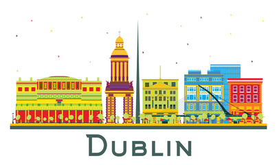 Dublin Ireland City Skyline with Color Buildings Isolated on White.