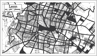 Leon Mexico City Map in Black and White Color in Retro Style. Outline Map.