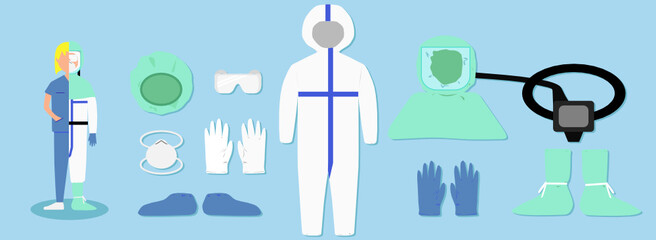 Vector set of medical personal protective equipment as disposable hairnet cap, respiratory mask, safety goggle glasses, gloves, shoe covers, suit and PAPR for Covid and protection concept