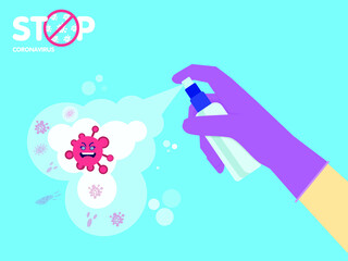 Man in gloves holds bottle of antiseptic spray. Antibacterial flask kills bacteria. Disinfectant concept.Hygiene home and personal hygiene. Controlling the epidemic of coronavirus. Stop 2019-nCoV.