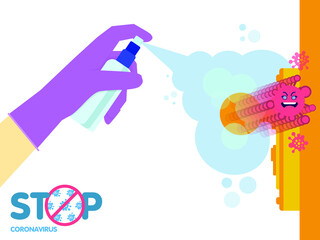 Man in gloves holds bottle of antiseptic spray. Antibacterial flask kills bacteria. Disinfectant concept. Close-up disinfection of door handles. Spraying disinfectant alcohol to the handle of a door.