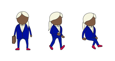 blue suit cartoon business woman pose trio pack walking, with briefcase, with coffee, and sitting cross-legged