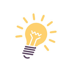 Electric lamp icon. Incandescent lightbulb glowing with bright yellow light on white background. Symbol of innovative idea, discovery or solution. Vector flat style illustration.