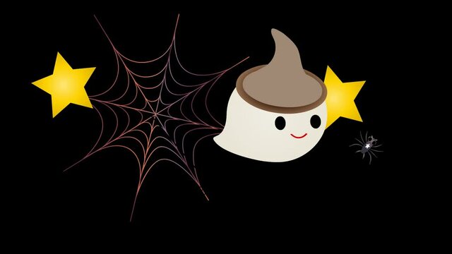 ハロウィンの可愛いお化けにカボチャや星のイラストと蜘蛛の巣で回る蜘蛛のアニメーション背景透過アルファチャンネル動画