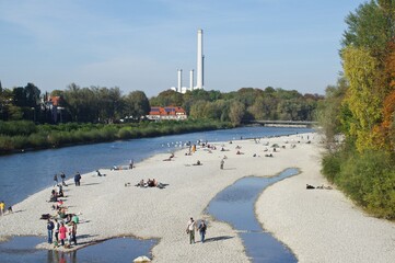 Beautiful view of the Isar river at the Flaucher, Munich, Germany