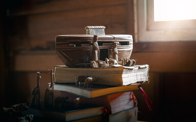 Noah brought Animals on Noah's Ark, Story of adventure on the Bible and History books, Wood carving doll, christian concept.