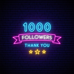 Naklejka na ściany i meble 1000 followers neon sign. Realistic neon signboard with number of followers. Vector illustration for social networks.