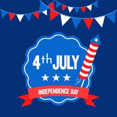 4th of july independence day of USA celebrate with firecrackers in ribbons badge and hanging decoration banners vectors illustration in flat style,