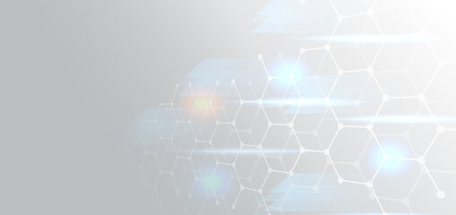 Technology futuristic banner background with hexagonal shapes and blue light effect on gray background with space for text.