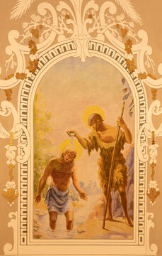 BARCELONA, SPAIN - MARCH 3, 2020: The modern fresco of Baptism of Jesus in the churchIglesia Santa Maria de Gracia de Jesus.