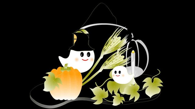 ハロウィンのお化けの帽子にろうそくやコウモリに可愛いお化けのイラストののアニメーション背景透過アルファチャンネル動画