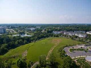Fototapeta na wymiar Aerial view of a park in Gaithersburg, Montgomery County, Maryland on July 3, 2020. The park is empty amid continued Covid-19 pandemic restrictions.