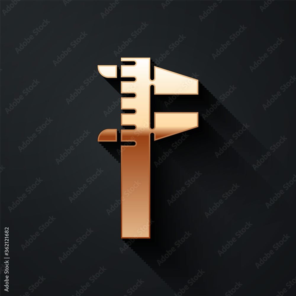 Poster gold calliper or caliper and scale icon isolated on black background. precision measuring tools. lon