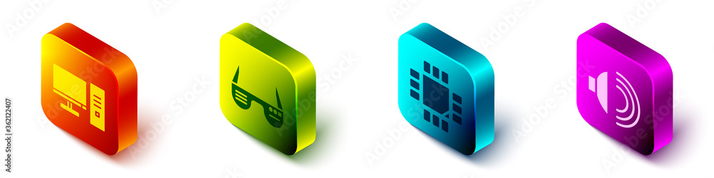 Poster set isometric computer monitor, smart glasses, processor with microcircuits cpu and speaker volume i