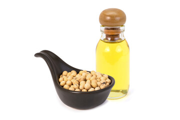 Soy oil with soybean seeds isolated on white background.