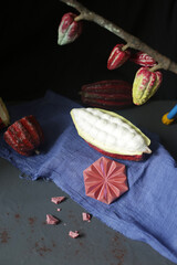 On a blue background, chocolate bar and kkao fruits.
