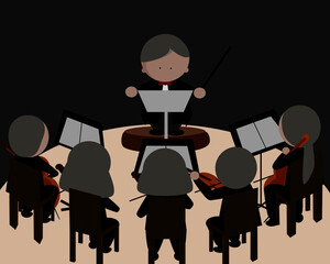 Music conductor in tuxedo suit and symphonic orchestra icon vector illustration.