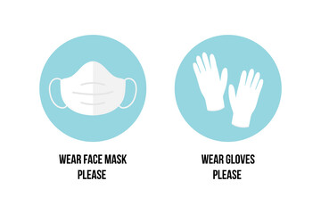 Obraz premium Vector stickers, icons with asking to wear face masks and gloves in public places. Airborne diseases prevention. 