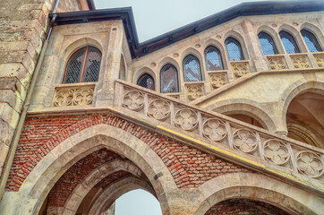 Corvin Castle courtyard. Corvin Castle, also known as Hunyadi Castle or Hunedoara Castle. Wall decoration, stairs and wall niches.