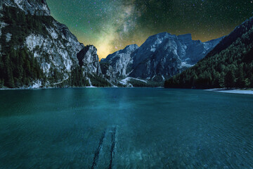 Milky way over a beautiful lake, astro photography at hill station.
