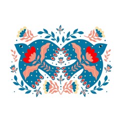 Composition of birds and flowers in folk art.
