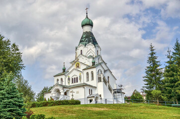 Fototapeta na wymiar Orthodox Church of the Holy Spirit in Medzilaborce. Church is located in the city center. Slovak Republic. Central Europe.