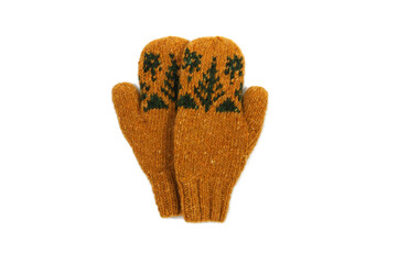 Yellow mittens isolated on a white background. View from above.