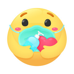 Caring emoji is hugging pink hearts and alcohol gel